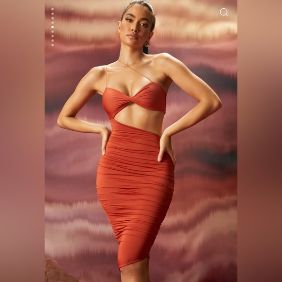 Ruched Asymmetric Midi Dress in Rust - Picture 3 of 7